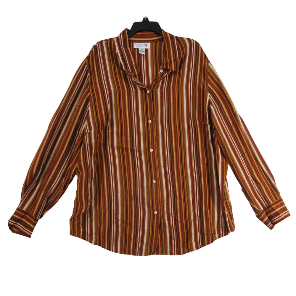Alfani Woman 100% Silk Striped Button Up Blouse Rust Mustard Brown 22W